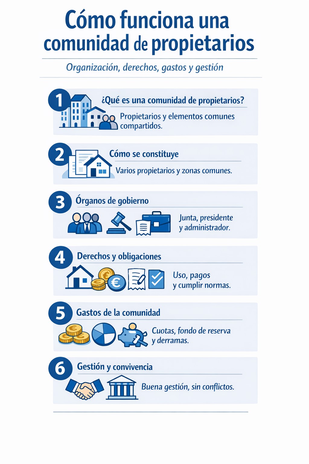 Infografía sobre cómo funciona una comunidad de propietarios, su organización, gastos, derechos y gestión.