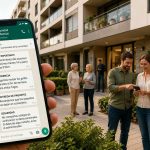 Vecinos utilizando un grupo de WhatsApp para comunicarse de forma segura en una comunidad de propietarios, con un smartphone mostrando avisos comunitarios y un edificio residencial moderno al fondo.