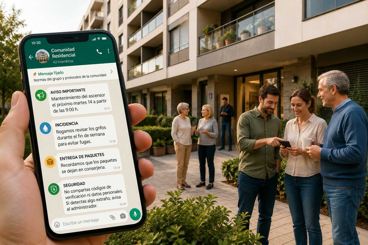 Vecinos utilizando un grupo de WhatsApp para comunicarse de forma segura en una comunidad de propietarios, con un smartphone mostrando avisos comunitarios y un edificio residencial moderno al fondo.